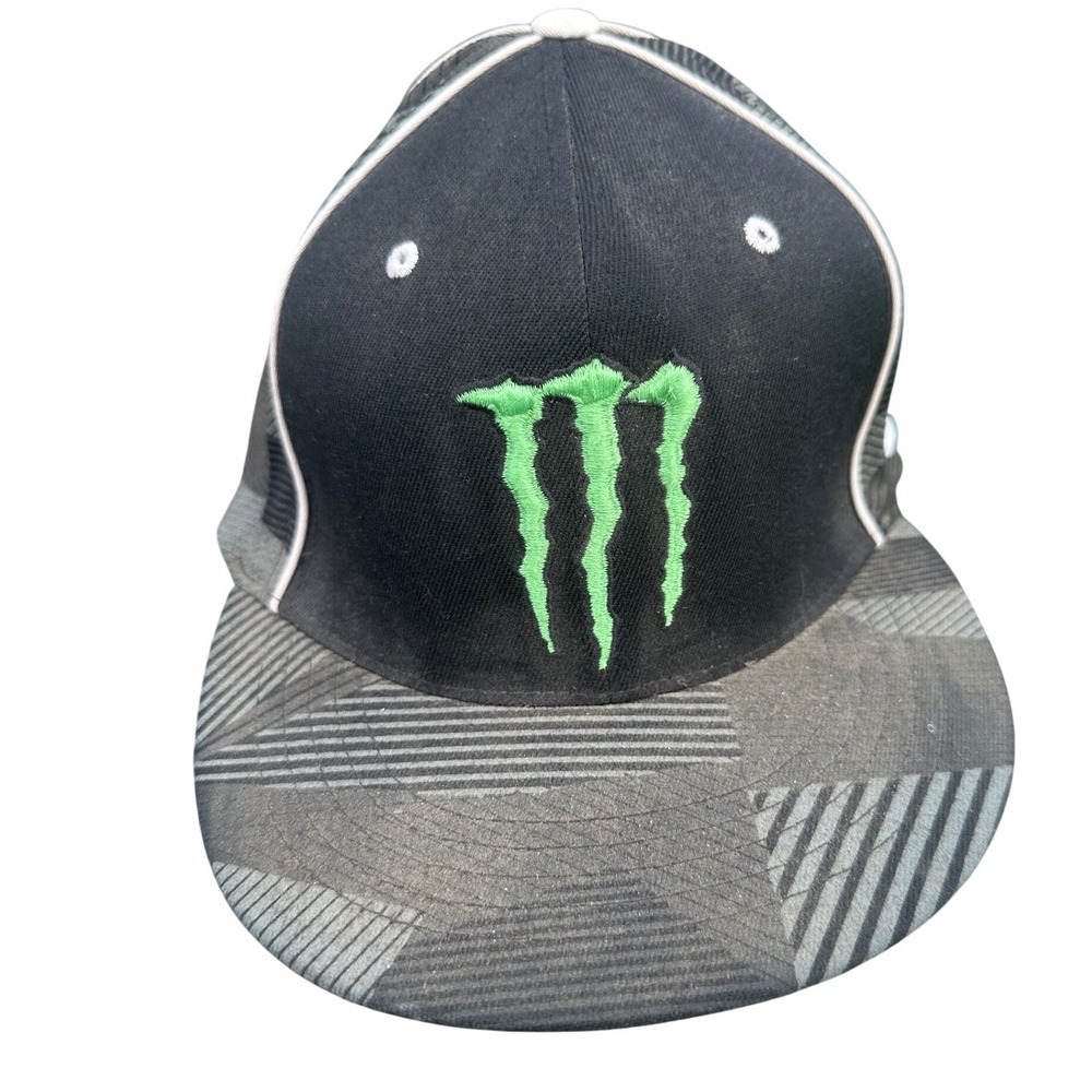 Monster Energy Flexfit Hat Black Green Claw Logo Flat Brim L-XL Baseball Cap